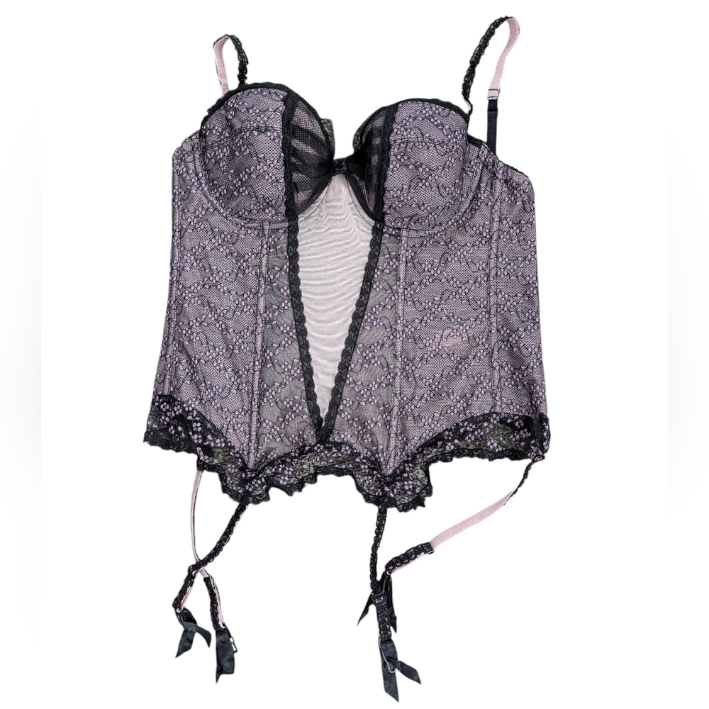 Victoria's Secret Bustier Women 34C Black Pink Lace Garter Corset Coquette